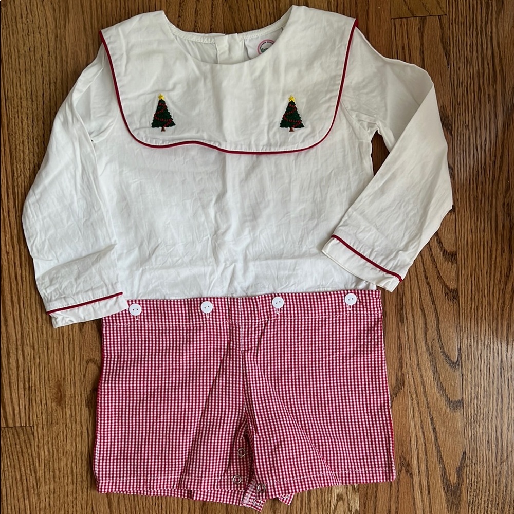 Toddler Boys Christmas White and Red Holiday Outfit with Tree Embroidery 2T